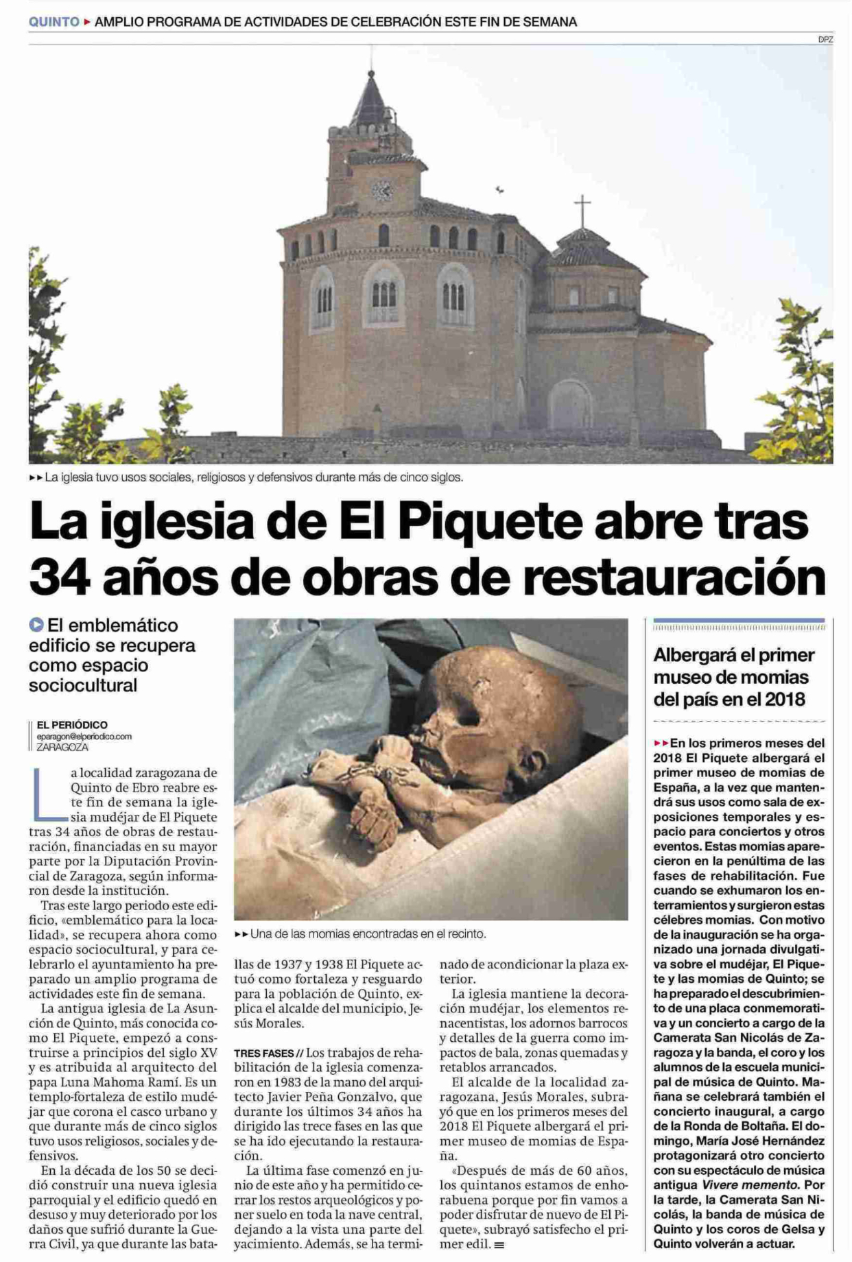 La iglesia de El Piquete abre tras 34 años de obras de restauración (El  Periódico) - Momias de Quinto